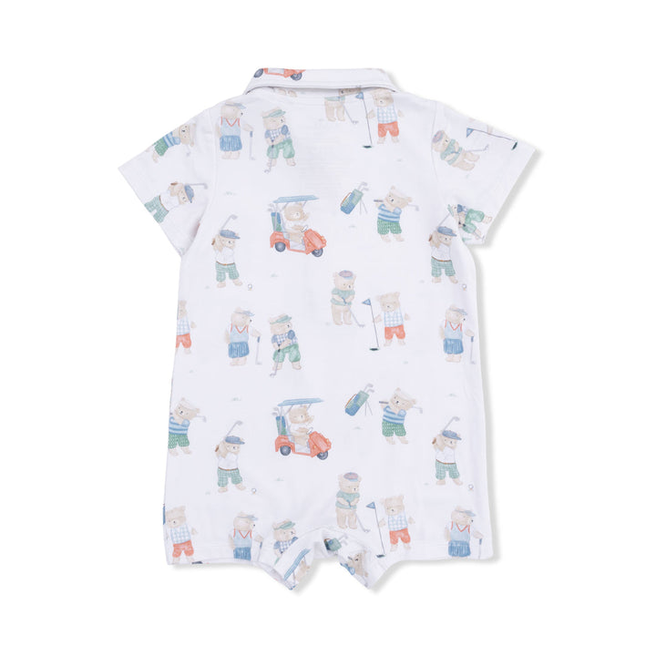 Back of Baby romper with teddy bear pattern on a white background