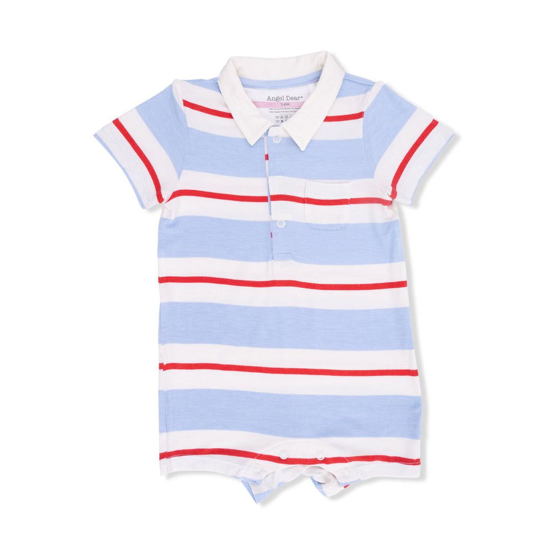 Striped baby romper with collar on a white background