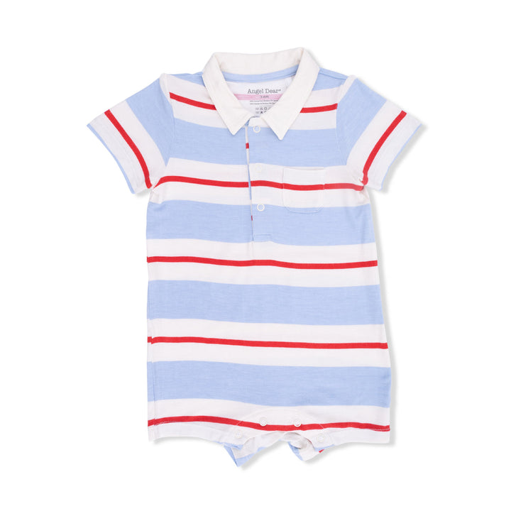 Striped baby romper with collar on a white background