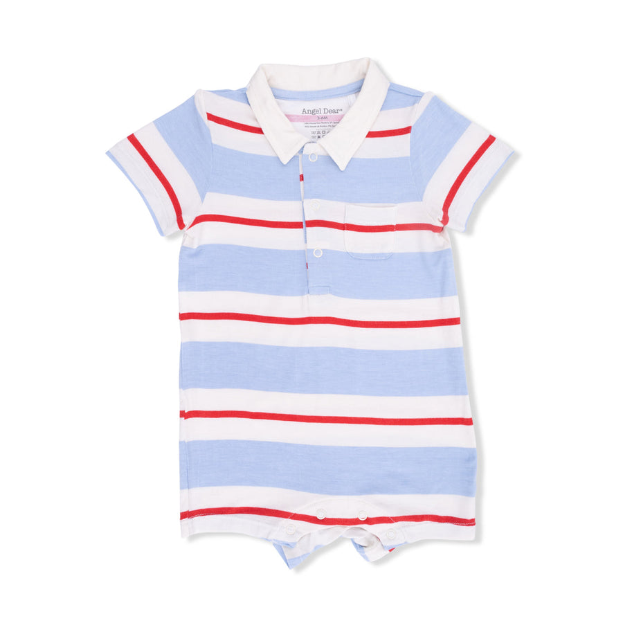 Striped baby romper with collar on a white background