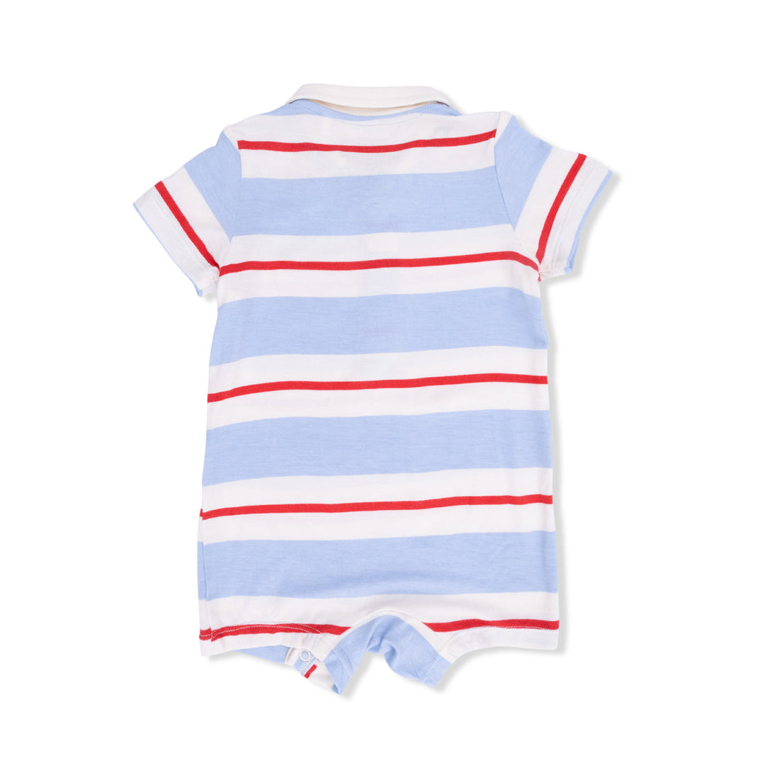 Striped baby romper with red, white, and blue colors on a white background