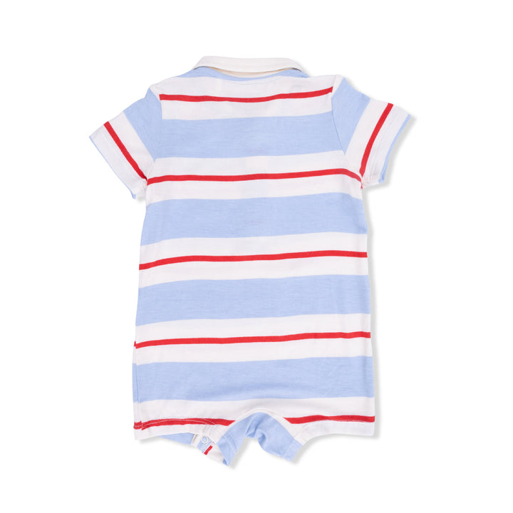 Striped baby romper with red, white, and blue colors on a white background