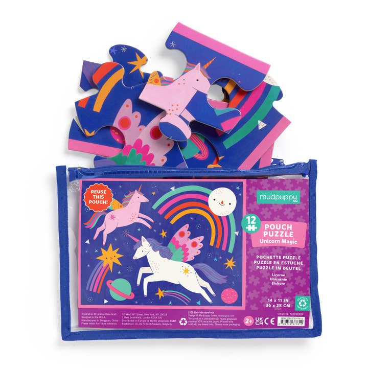 unicorn puzzle in a travel reusable pouch. 2 unicorns, a rainbow and shooting star 