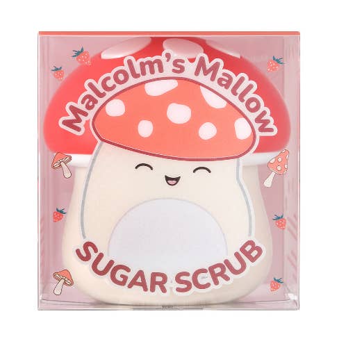 Malcolm's Mallow sugar scrub packaging with a cartoon mushroom design on a pink background.