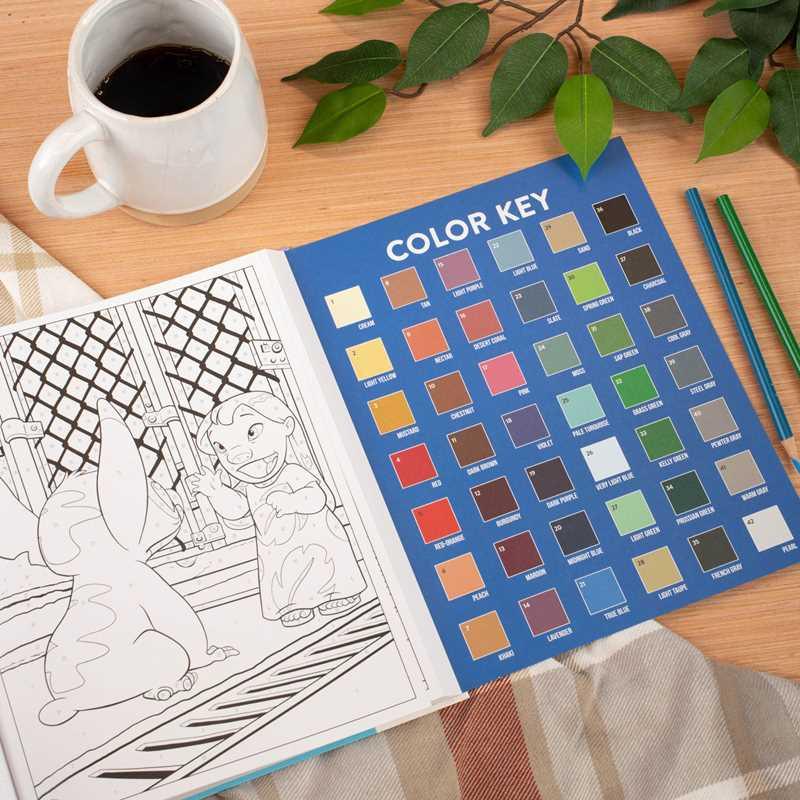 inside of the book, color by number with a color key. lilo and stitch are on this page. 