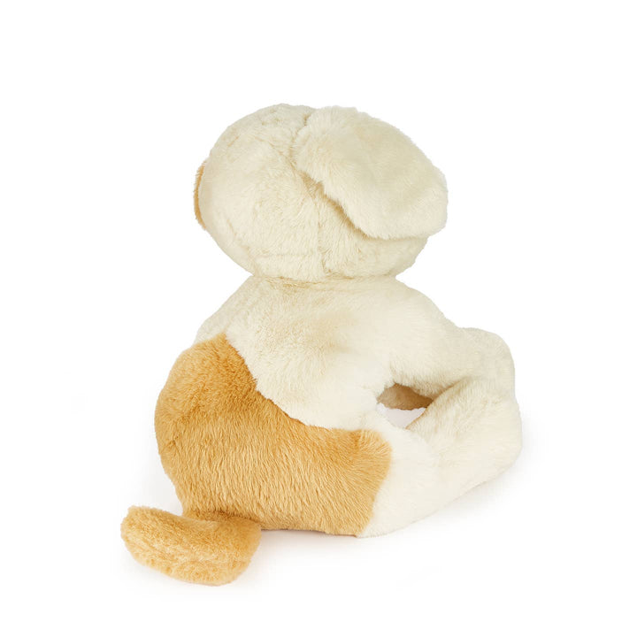 Plush toy resembling a dog with a white body and brown paws on a white background