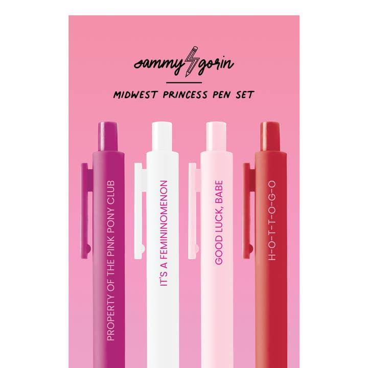 set of 4 pens all pink, hot pink or red. all with phrases from Chappell Roan's music