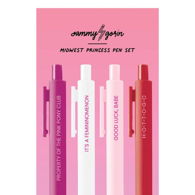 set of 4 pens all pink, hot pink or red. all with phrases from Chappell Roan's music