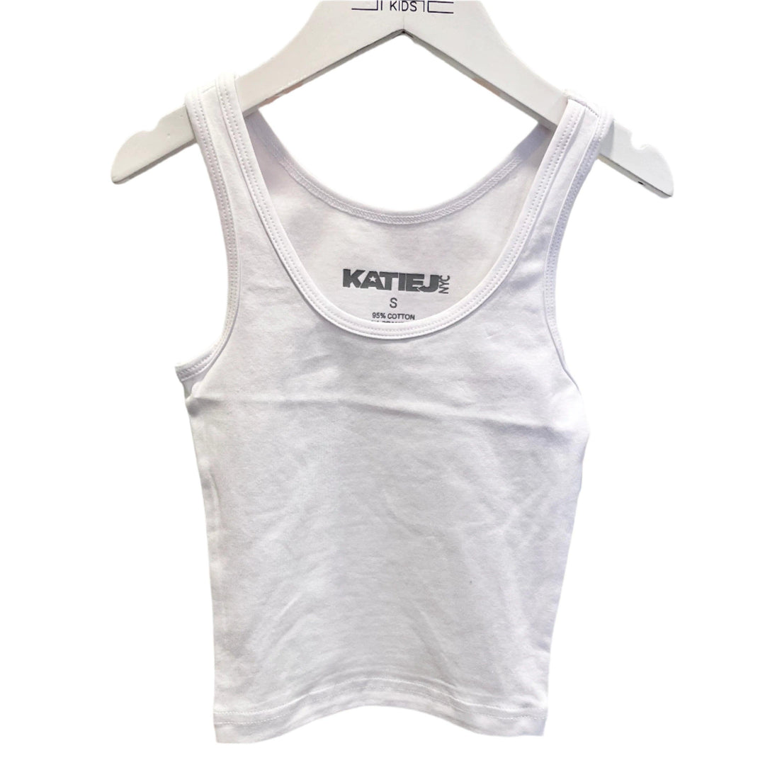 sleeveless white tank top with a scoop neck 