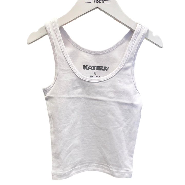 sleeveless white tank top with a scoop neck 