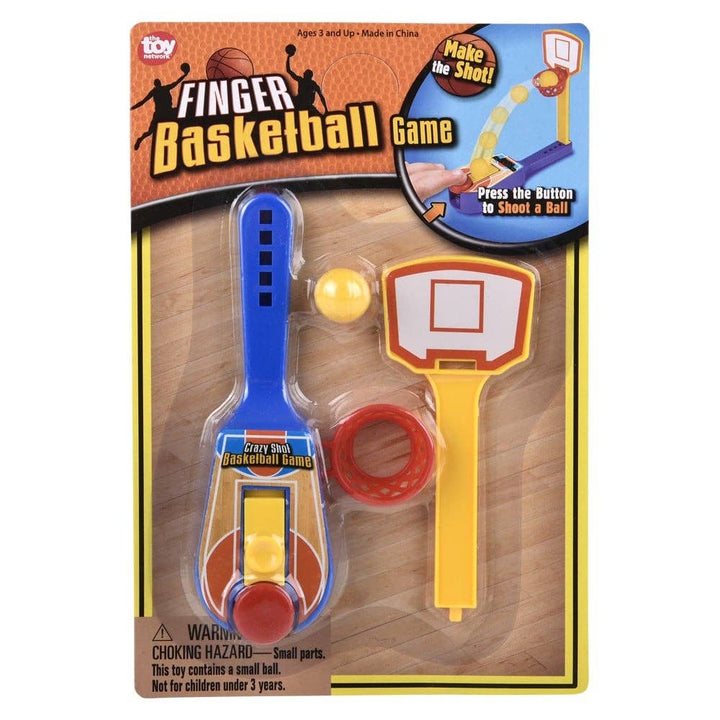 Finger basketball game packaging with toy components on a white background