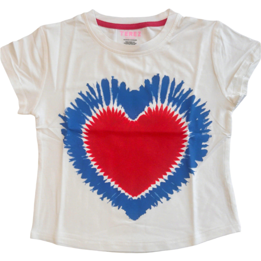 white tee with red heart and blue/purple border of the heart. 