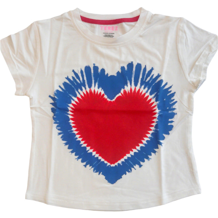 white tee with red heart and blue/purple border of the heart. 