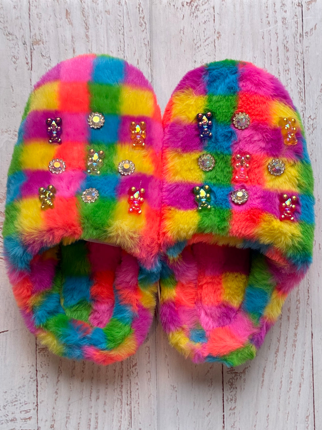 Shoes | Soft Neon MultiColored Slippers with Gummy Bear Charms | Bari Lynn Accessories