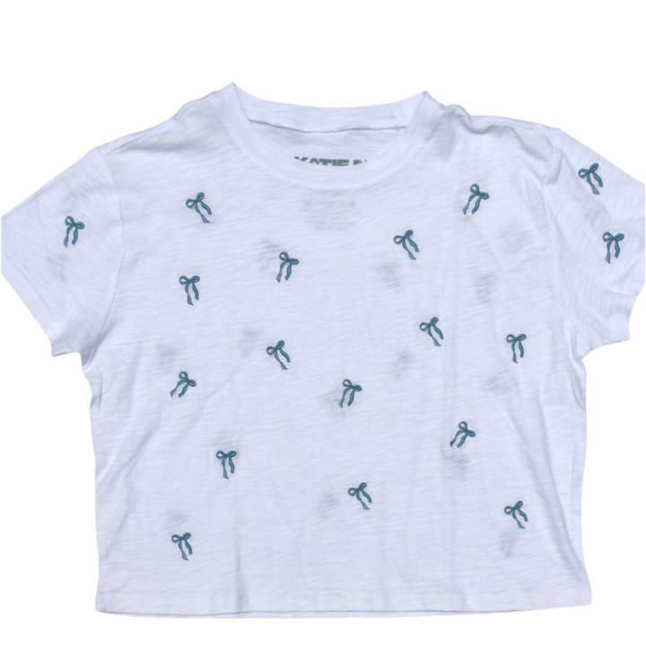 Tween Tops | Fearless T-Shirt - White with Blue Embroidered Bows | Katie J NYC