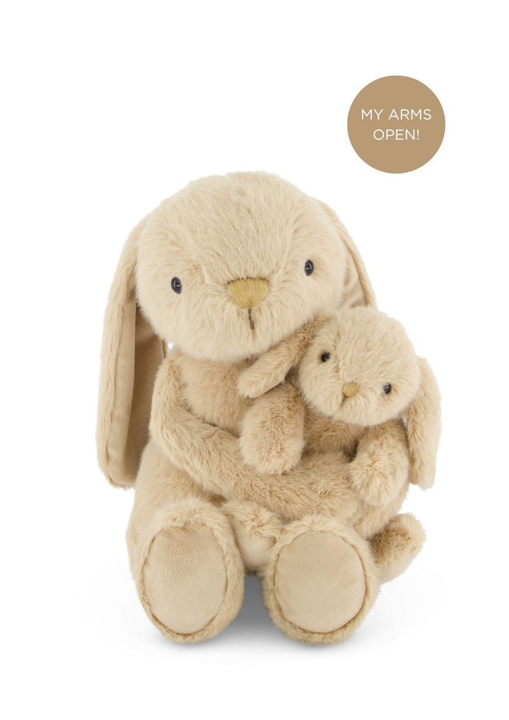 Two beige plush bunnies hugging on a white background