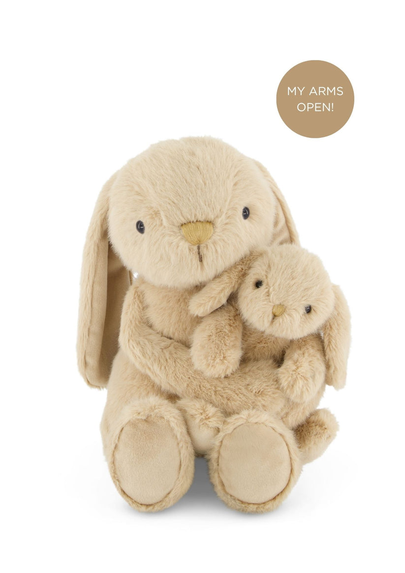 Two beige plush bunnies hugging on a white background
