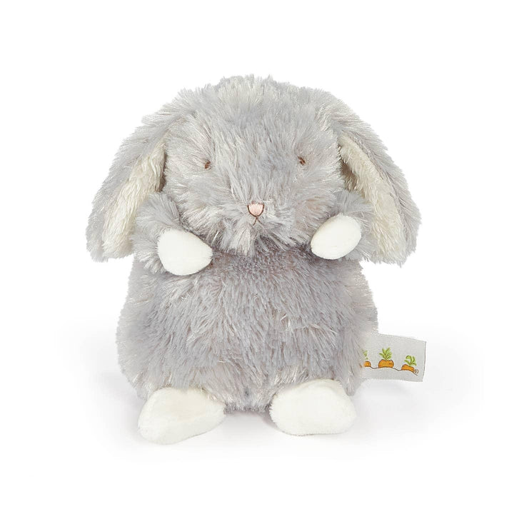 shaggy gray bunny chubby body and face and white hands and feet. 