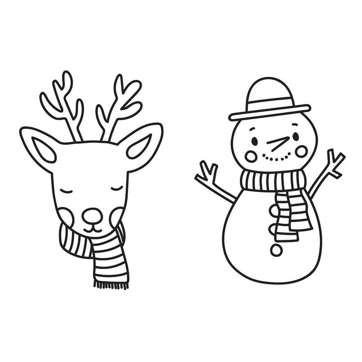 Black and white line drawing of a reindeer and a snowman with a scarf on a white background