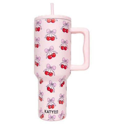 38 ounce travel insulated cup with red cherries and pink bow atop the cherries. pink straw and handle 