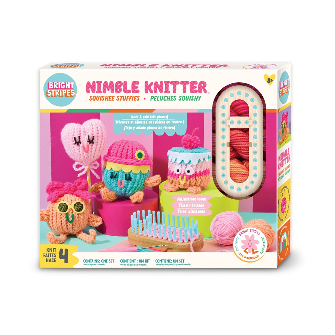 Box of Nimble Knitter toy set with colorful knitted figures and yarn on a white background