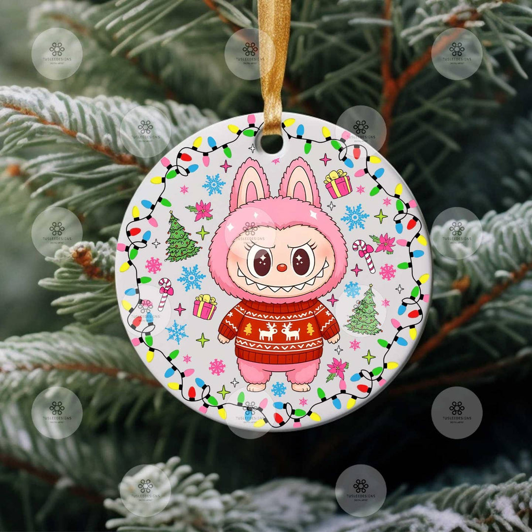 Decorative Christmas ornament with a cartoon character in a pink bunny costume on a tree.