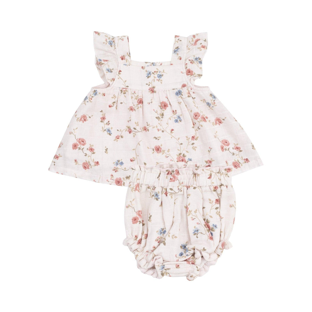 baby girl pinafore and high waisted bloomer, ivory color with tiny dusty rose and blue colored flowers. 