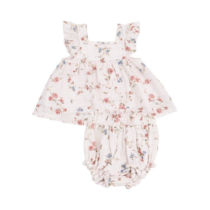 baby girl pinafore and high waisted bloomer, ivory color with tiny dusty rose and blue colored flowers. 