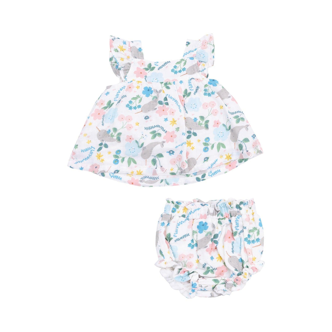 Baby Girl Dresses | Pinafore and High Waisted Daiper Cover - Narwhal| Angel Dear