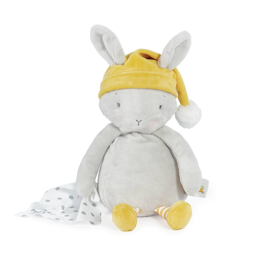 super soft gray bunny with yellow hat and pom pom at the end and a white blanket with gray polka dots. yellow striped legs and small yellow shoes. 