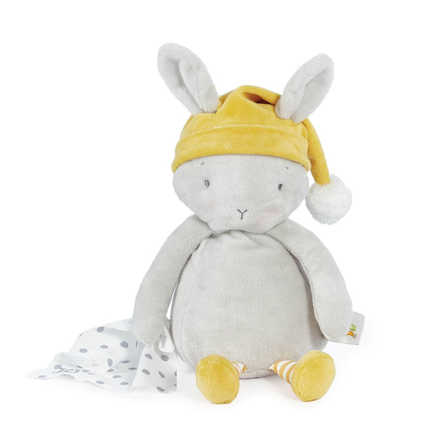 super soft gray bunny with yellow hat and pom pom at the end and a white blanket with gray polka dots. yellow striped legs and small yellow shoes. 