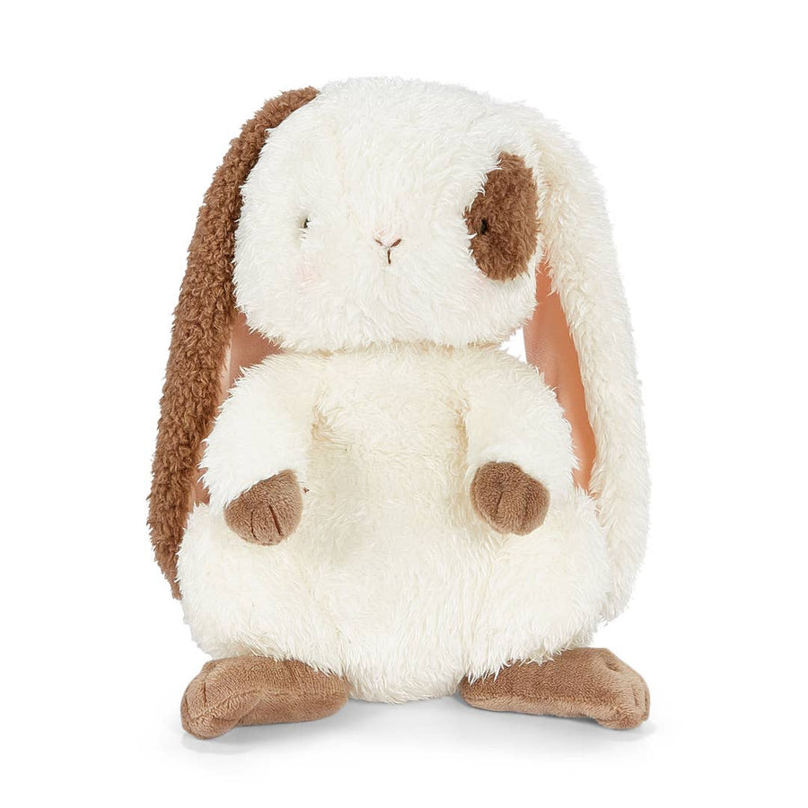 Plush toy rabbit with brown ears and paws on a white background