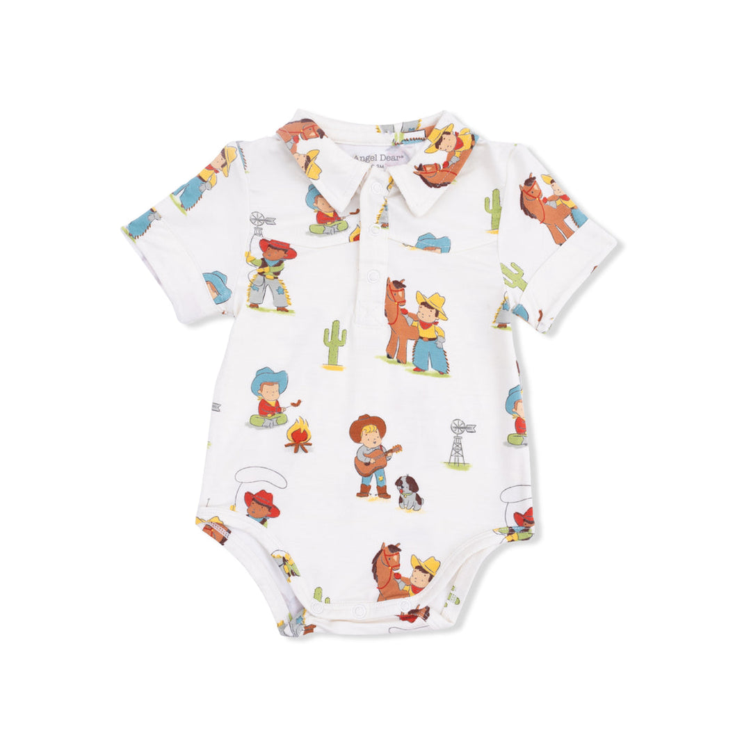 Baby onesie with cowboy-themed print on a white background