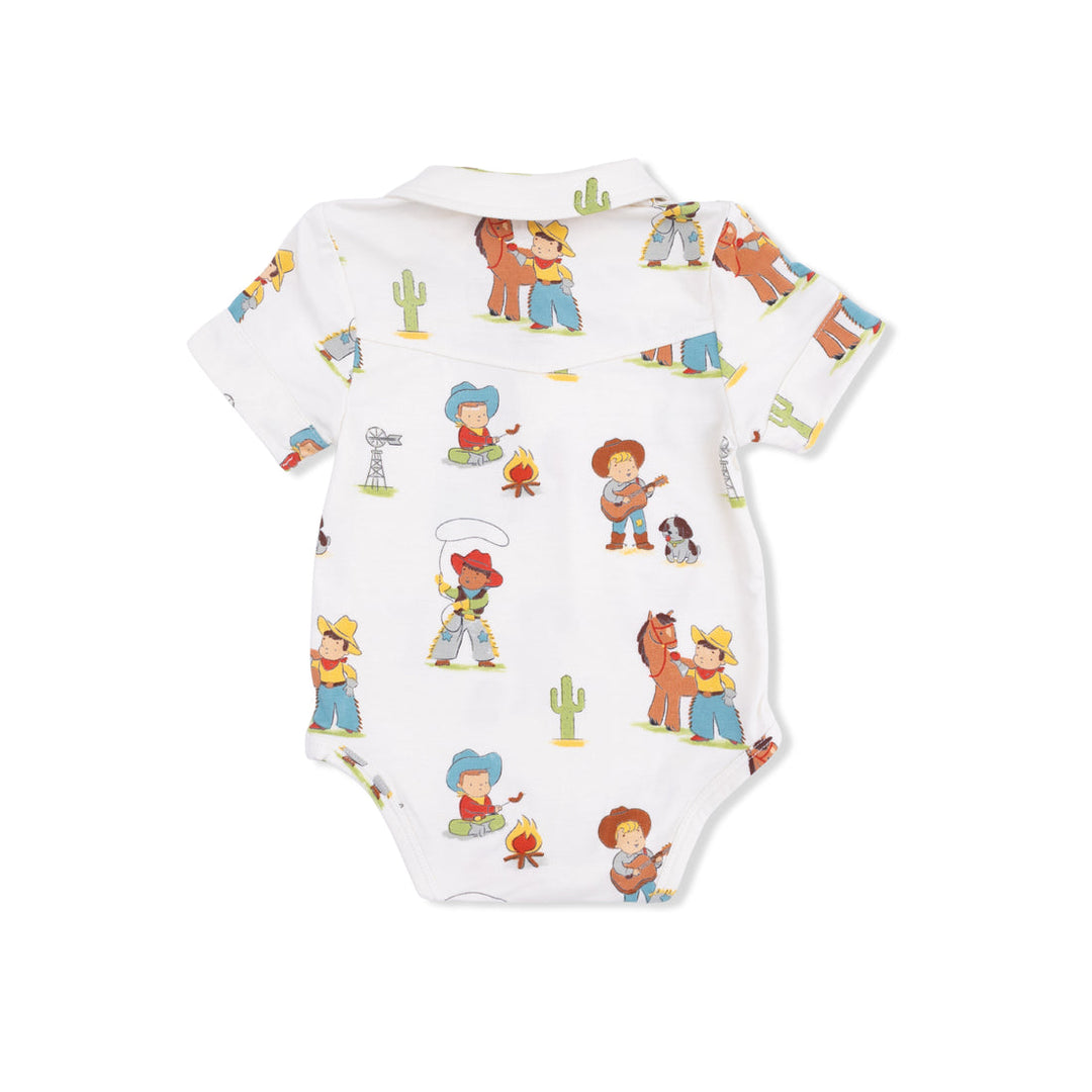 Back of Baby onesie with cowboy-themed pattern on a white background