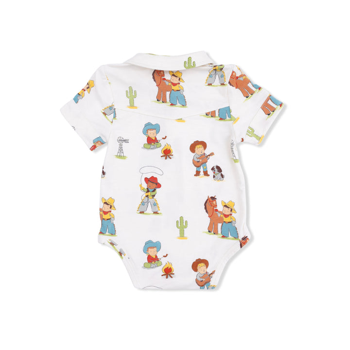 Back of Baby onesie with cowboy-themed pattern on a white background