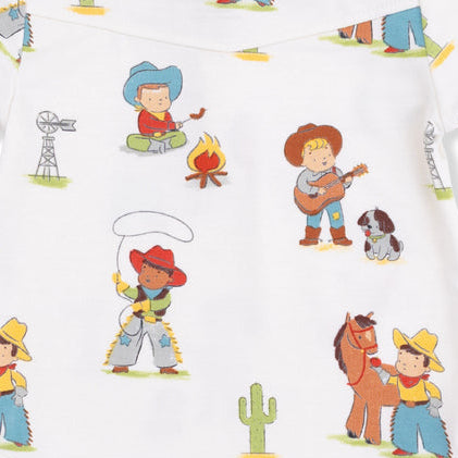 Baby onesie with cowboy-themed pattern on a white background