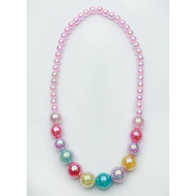 watercolor irridescent necklace with pink beads in the front and pastel multicolored ones in the front. 