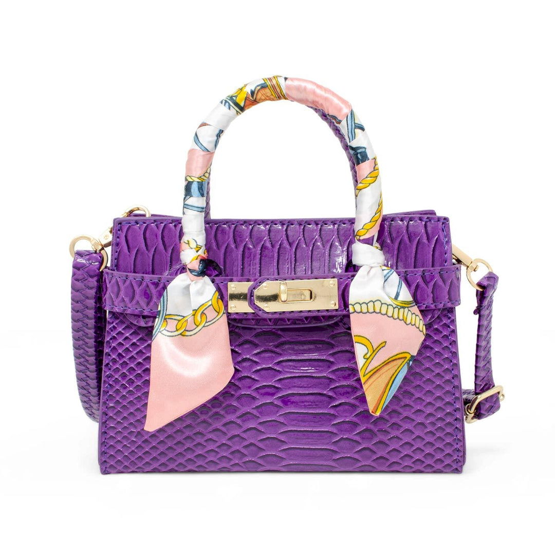 kids handbag with scarf on the handle- crocodile material with small lock in front and detachable strap