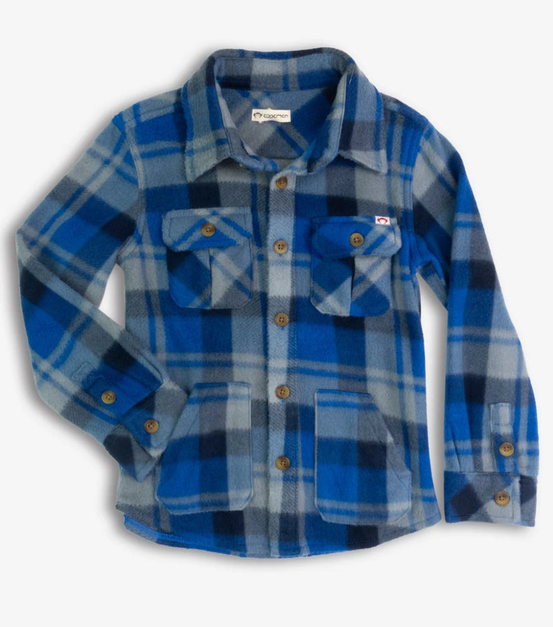 Appaman Snow Fleece Button Down Shirt with front pockets in Blue/Taupe Plaid.