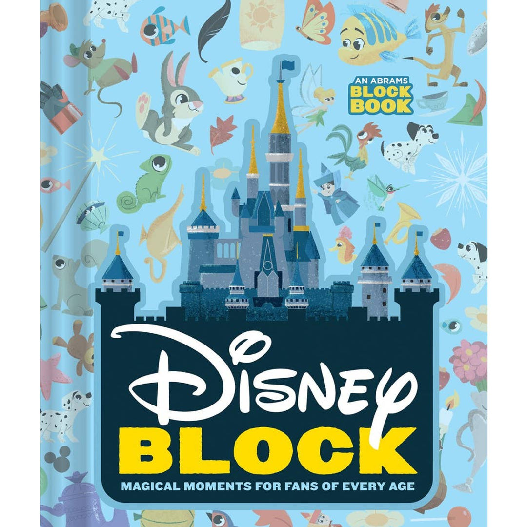 Book cover of 'Disney Block' with colorful illustrations and castle design on a blue background.