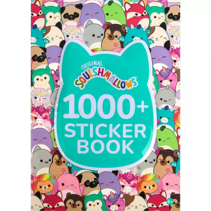 Squishmallows 1000+ sticker book cover with various cartoon characters on a white background