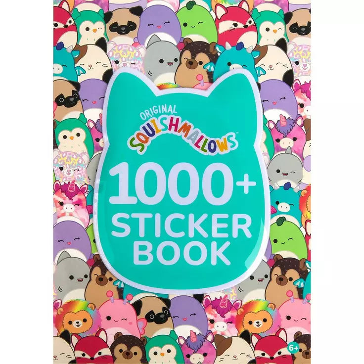 Squishmallows 1000+ sticker book cover with various cartoon characters on a white background