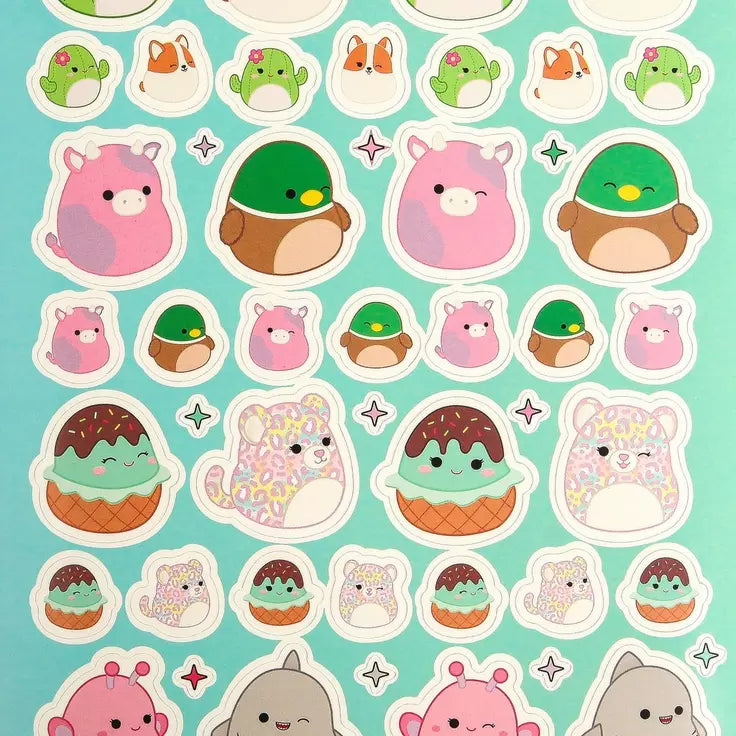 Pattern of cute cartoon animals and food items on a teal background