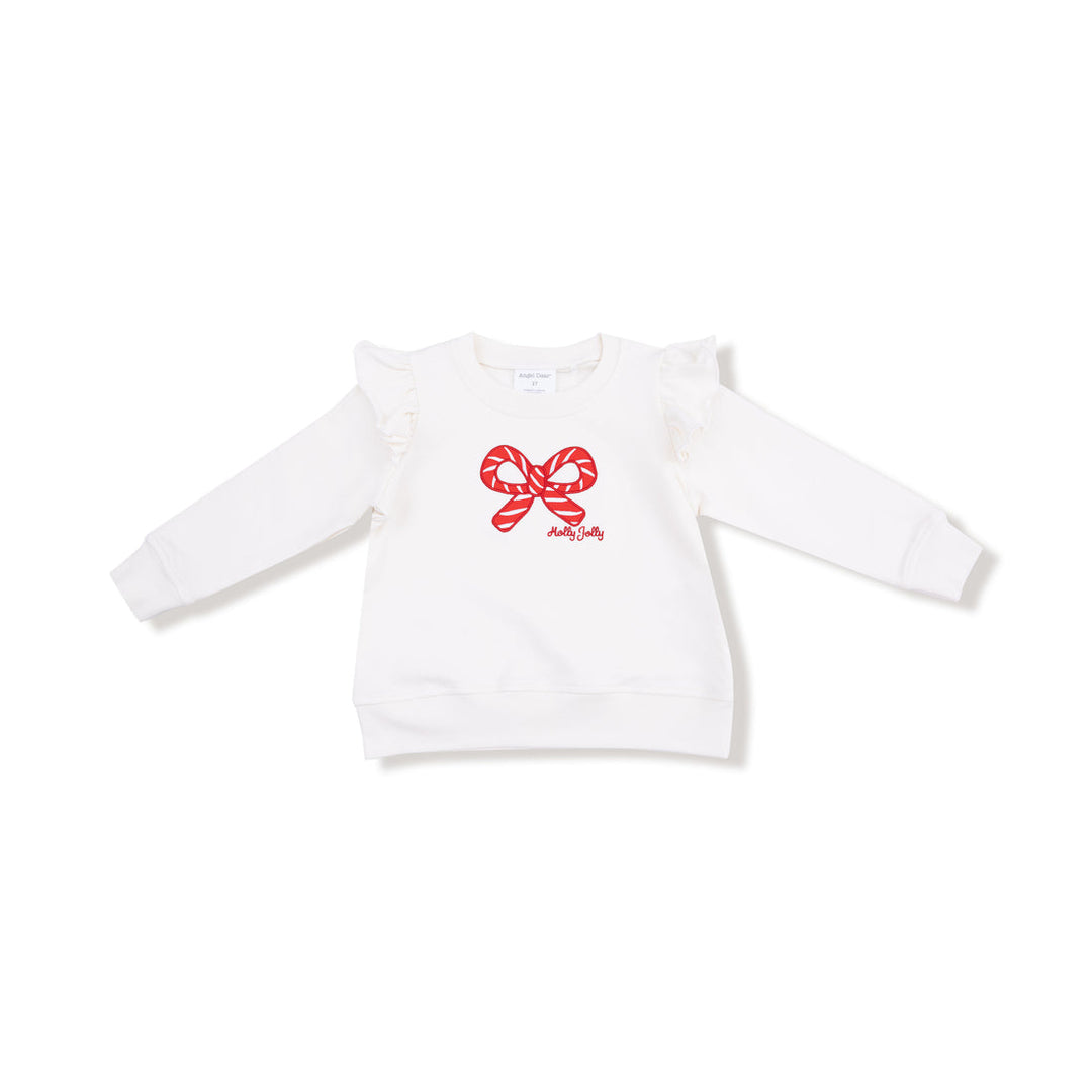 White sweatshirt with red candycane bow design on a white background