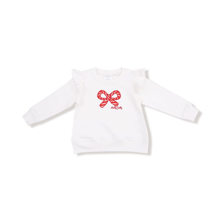 White sweatshirt with red candycane bow design on a white background