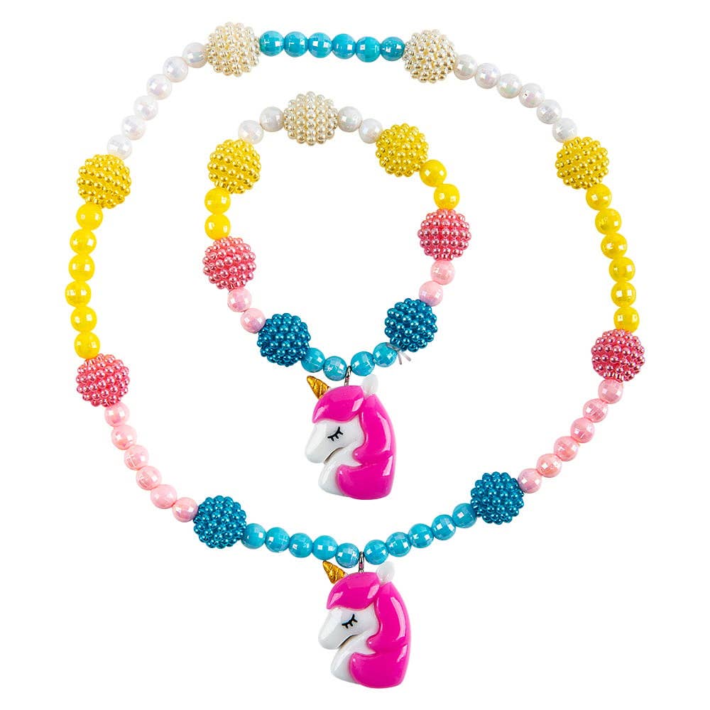 Colorful beaded necklace with unicorn pendants on a white background