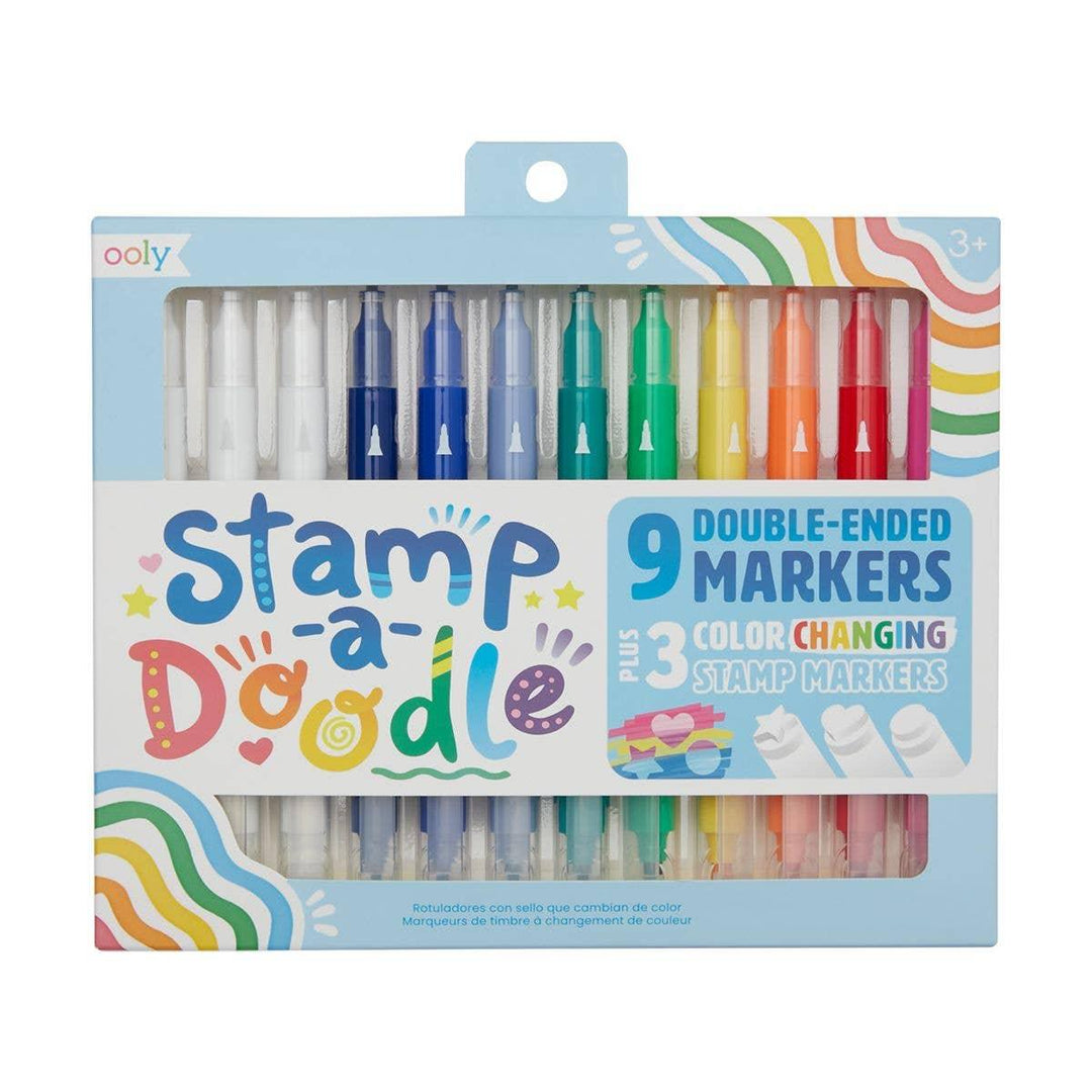 stamp a doodle marker set, double ended markers one with a tip and one with a stamp. this picture shows the markers in the box /packaging. 