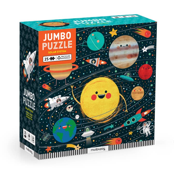 solar system puzzle, jumbo puzzle with planets and shooting stars in the background. 