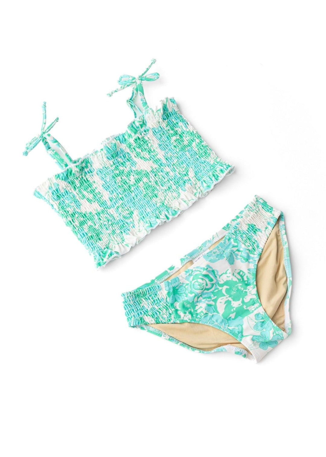 turquoise and white floral bathing suit with smocked top and bottoms. 
