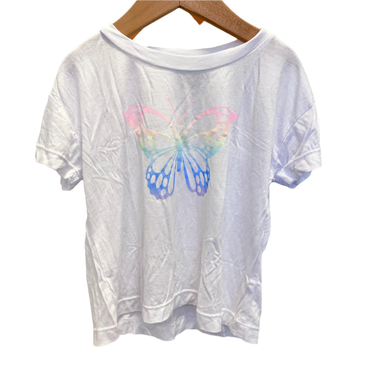 white tee with pastel butterfly screen printed on it. 